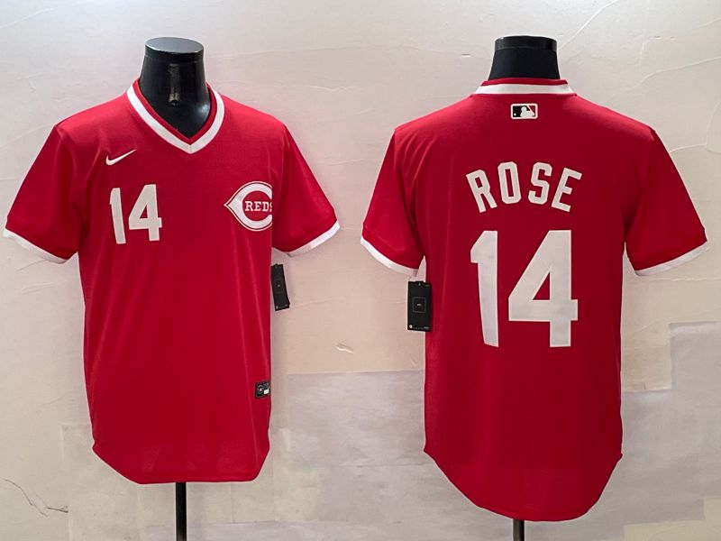 Men Cincinnati Reds 14 Rose Red Throwback 2025 Nike MLB Jersey style 1